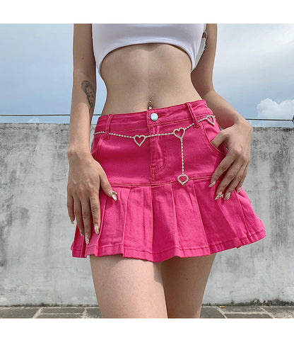 jinran Women High Waist Denim Skirt Women Summer Korean Harajuku Ruffles Jeans Skirt Shorts Punk Y2K Mini Pleated Skirt Streetwear