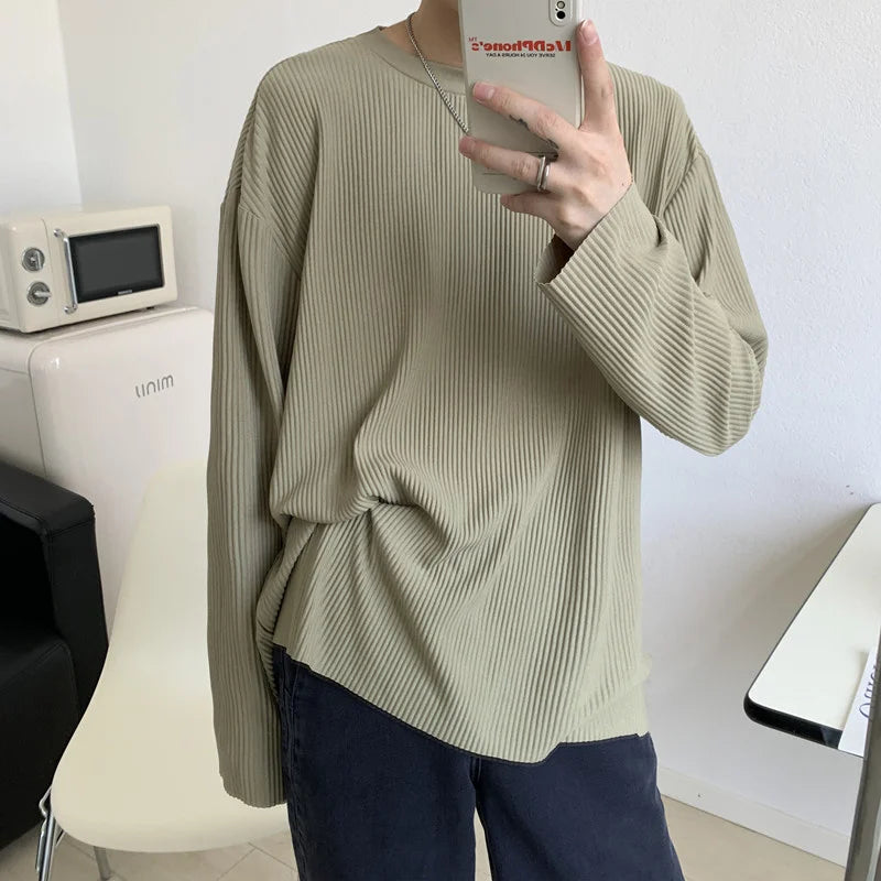 Summer Pleated T Shirt Men's Fashion Solid Color Casual Long-sleeved T-shirt Men Korean Loose Oversize Ice Silk Tshirt Mens Tops