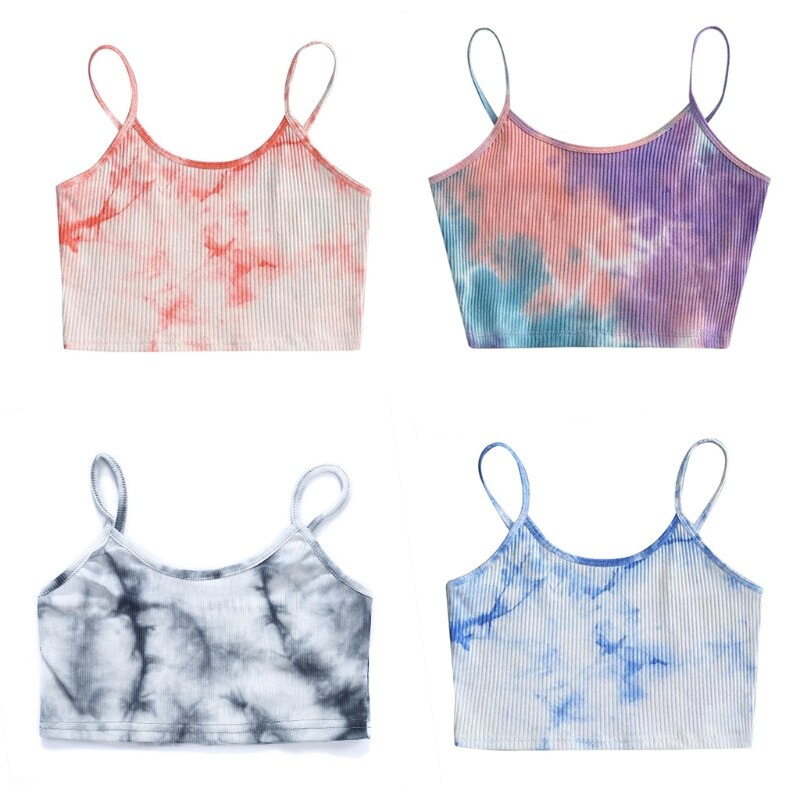 jinran Summer Sexy Camis Top Women Sleeveless Tie-Dye Print Short Slim Crop Tank Top Harajuku Ribbed Knit Spaghetti Strap Sling Vest