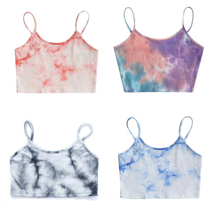 jinran Summer Sexy Camis Top Women Sleeveless Tie-Dye Print Short Slim Crop Tank Top Harajuku Ribbed Knit Spaghetti Strap Sling Vest