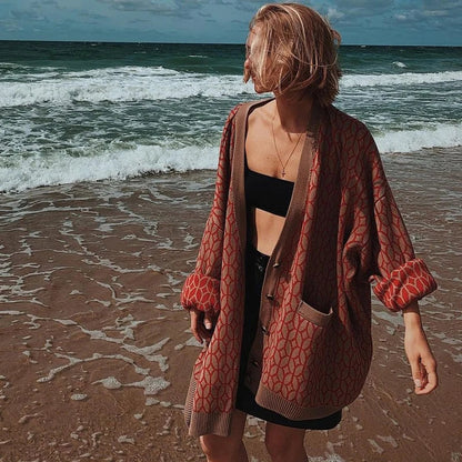 jinran Women Printed Knitted Sweater Casual Long Sleeve Button Cardigan Loose Oversized Jumper Fashion 2024 Fall Winter Outwear