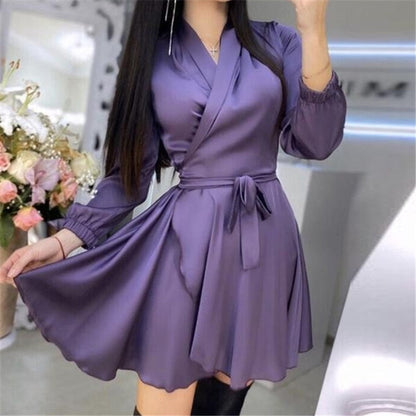 jinran Casual Lantern Sleeve Satin Bathrobe Dress Woman V-Neck High Waist Sashes A-Line Mini Dress One Piece Dress New