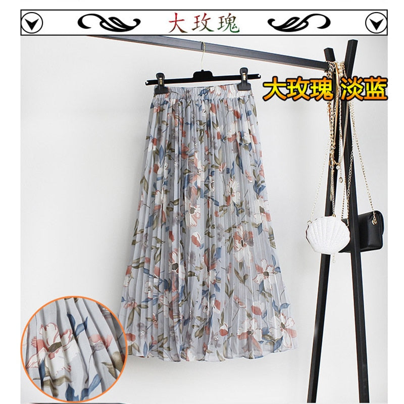 jinran Women Summer Boho Chiffon Long Skirt Elegant Floral Print Pleated Skirts Elastic High Waist Casual Midi Skirt Women Clothes 2021