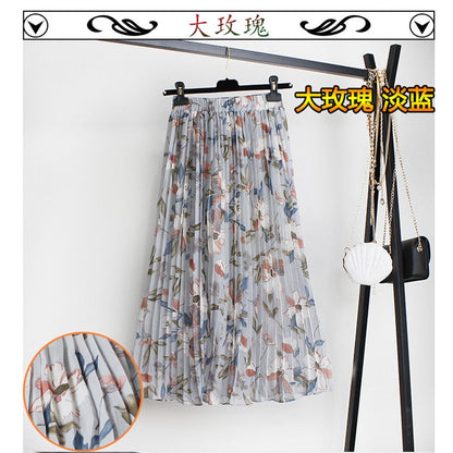 jinran Women Summer Boho Chiffon Long Skirt Elegant Floral Print Pleated Skirts Elastic High Waist Casual Midi Skirt Women Clothes 2021