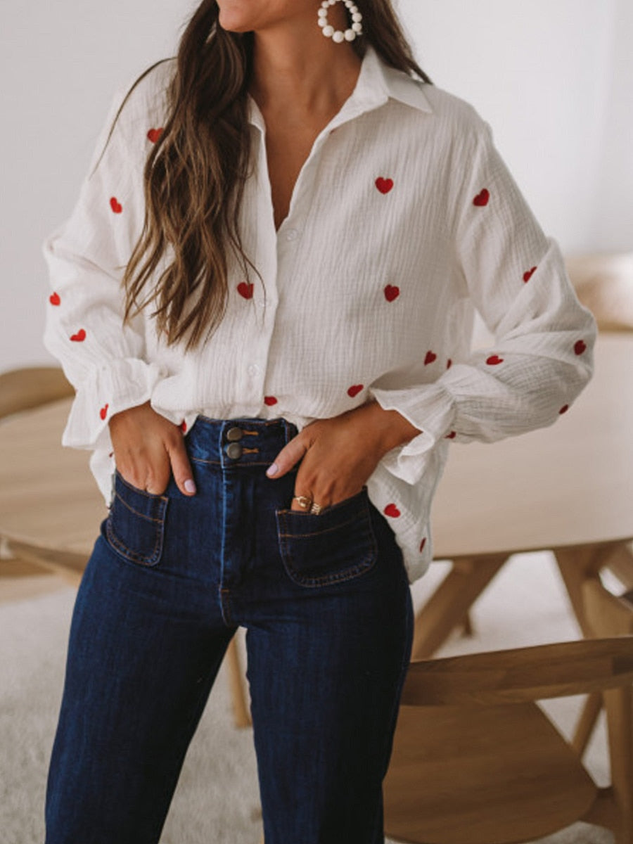 jinran Blouses Woman Fashion Elegant Summer Button-Down Shirt Women Long Puff Sleeve Red Print White Tops Ladies