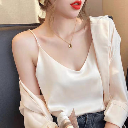 jinran 2022 Spaghetti Strap Top Women Halter V Neck Basic White Cami Sleeveless Satin Silk Tank Tops Women'S Summer Camisole