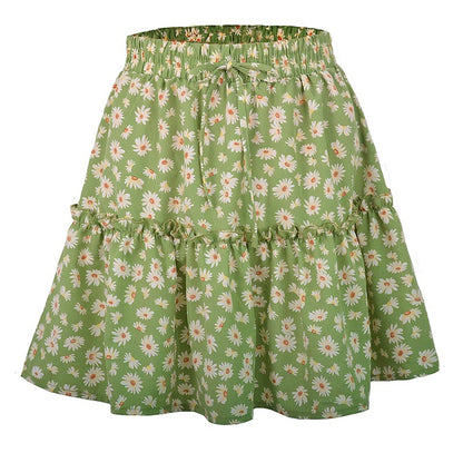 jinran Summer Boho Floral Print Mini Skirt Women Elegant Ruffles Short Skirts Elastics Waist Lace Up A-Line Skirts