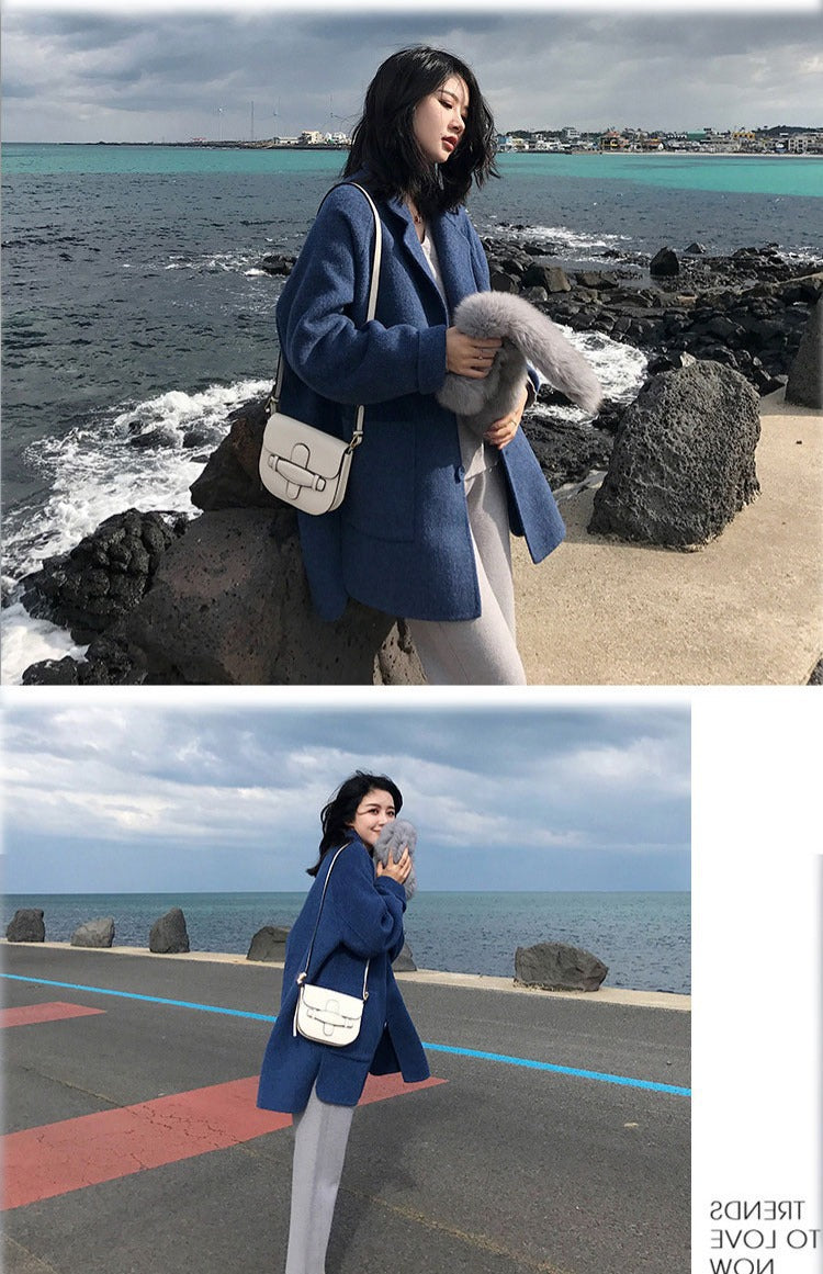 jinran 2022 Autumn Winter New Women Loose Woolen Coat Korean Lady Graceful Blue Pocket Button Long Windbreaker Student Causal Outerwear