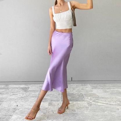 jinran  Solid Purple Satin Silk Skirt Women High Waisted Summer Long Skirt New Elegant Ladies Office Skirts Midi Spring