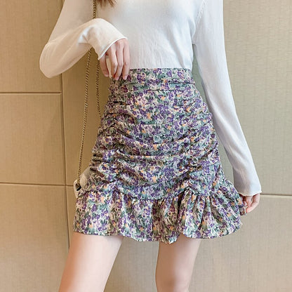 jinran Women Summer High Waist Floral Print Ruffles Mini Shirts Korean Style Elegant Pleated Bodycon Skirt Boho Beach Party Short Skirt