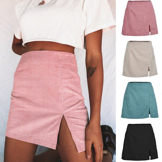 jinran Elegant High Waist Corduroy Mini Skirts Sexy Split Short Skirts Vintage Harajuku Autumn Solid A Line Skirts 2020 New