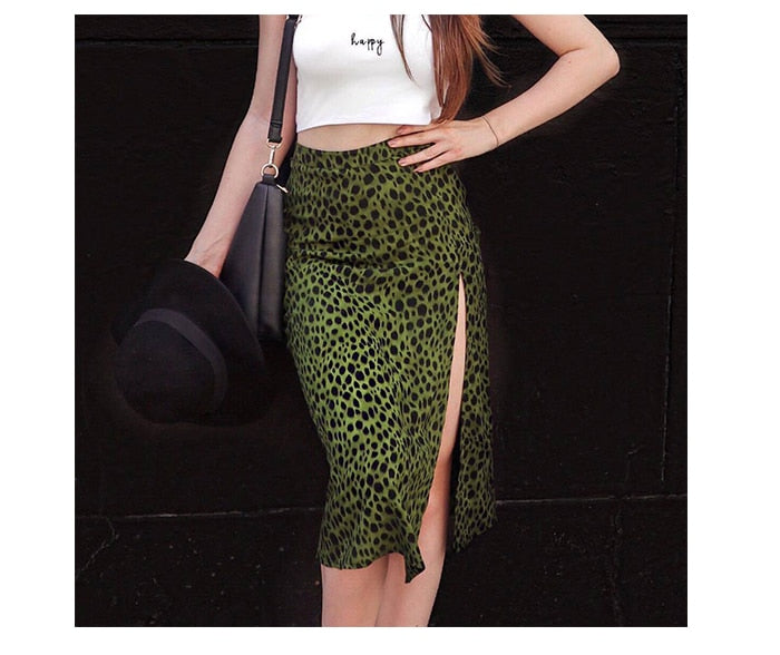 jinran Elegant Split Long Skirts Vintage Leopard Floral Print High Waist A Line Skirts Office Lady Casual Bodycon Midi Skirt