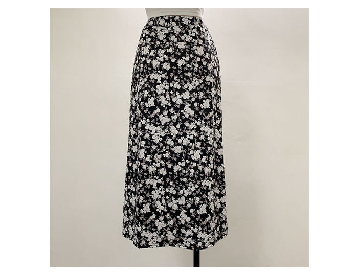 jinran Elegant Split Long Skirts Vintage Leopard Floral Print High Waist A Line Skirts Office Lady Casual Bodycon Midi Skirt