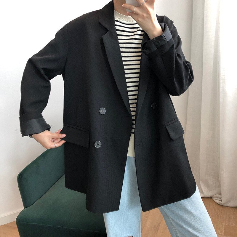 jinran New Fashion All Match Turn-down Collar 2022 Autumn Women Jackets Casual Double Breasted Button Loose Solid Color Coats