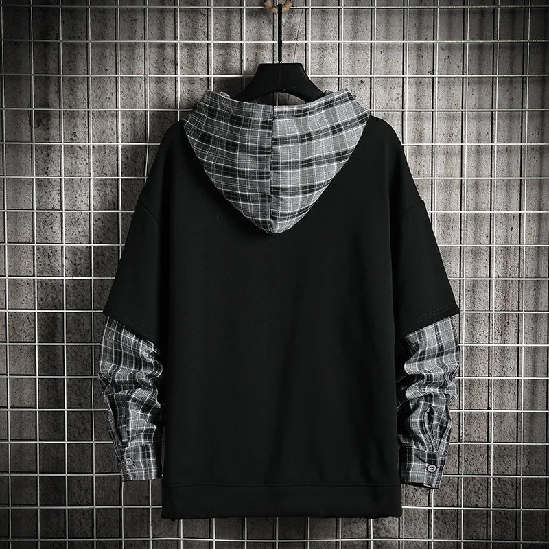 Plaid Patchwork Hoodie Men New Harajuku Hoodies Men High Street Oversized Hooded Sweatshirts Streetwear Men Clothing