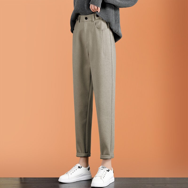 jinran Lady Autumn And Winter 2022 New Korean Fashion High Waist Loose Casual Tweed Pants Grandma Harlan Women'S Trousers Female