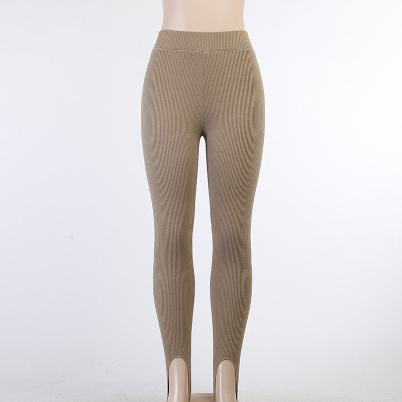 jinran Beige Ribbed Knit Leggings Women High Waist Cotton Fitness Basic Pants Casual Spring New All-Match Female Skinny Leggings