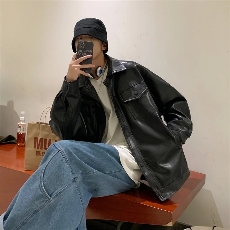 Black Faux Leather Jacket Men Autumn Mens Hip Hop Jacket PU Leather Male Oversize Streetwear Korean Trend Jackets Coats