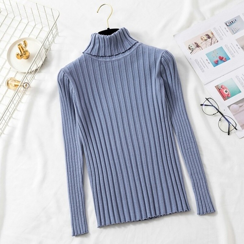 jinran Autumn Winter Jumper Turtleneck Sweater Knitted New Green Women Sweater Pullover Long Sleeve Slim Striped Vintage Sweaters 16220