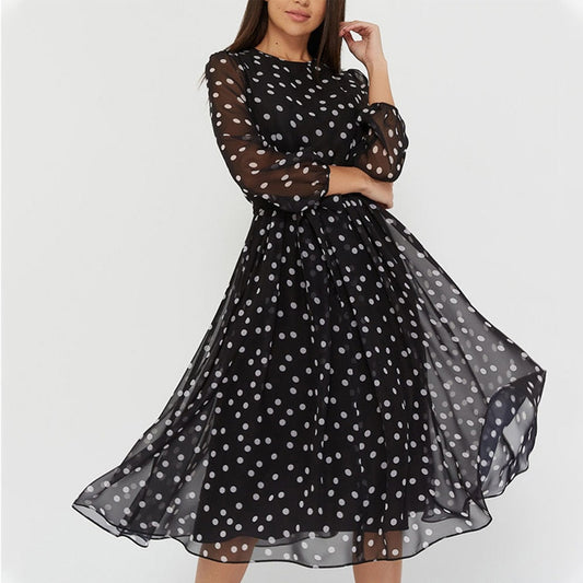 jinran Casual Polka Dot Print Chiffon Dress Woman High Waist Lantern Sleeve A-Line Knee-Length Dress Holiday New Fashion