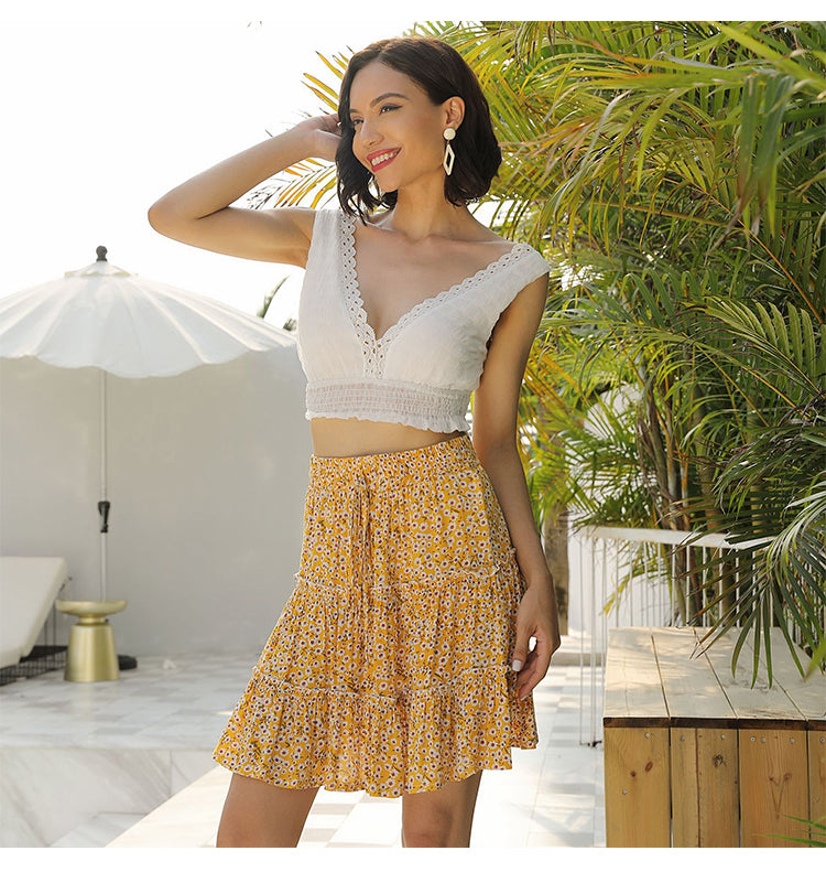 jinran Women Summer High Waist Elastic Pleated Skirt Elegant Boho Ruffles Floral Print Harajuku Beach Holiday Mini Aline Skirts 2021