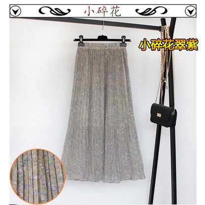 jinran Women Summer Boho Chiffon Long Skirt Elegant Floral Print Pleated Skirts Elastic High Waist Casual Midi Skirt Women Clothes 2021