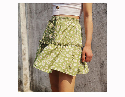 jinran Summer Boho Floral Print Mini Skirt Women Elegant Ruffles Short Skirts Elastics Waist Lace Up A-Line Skirts