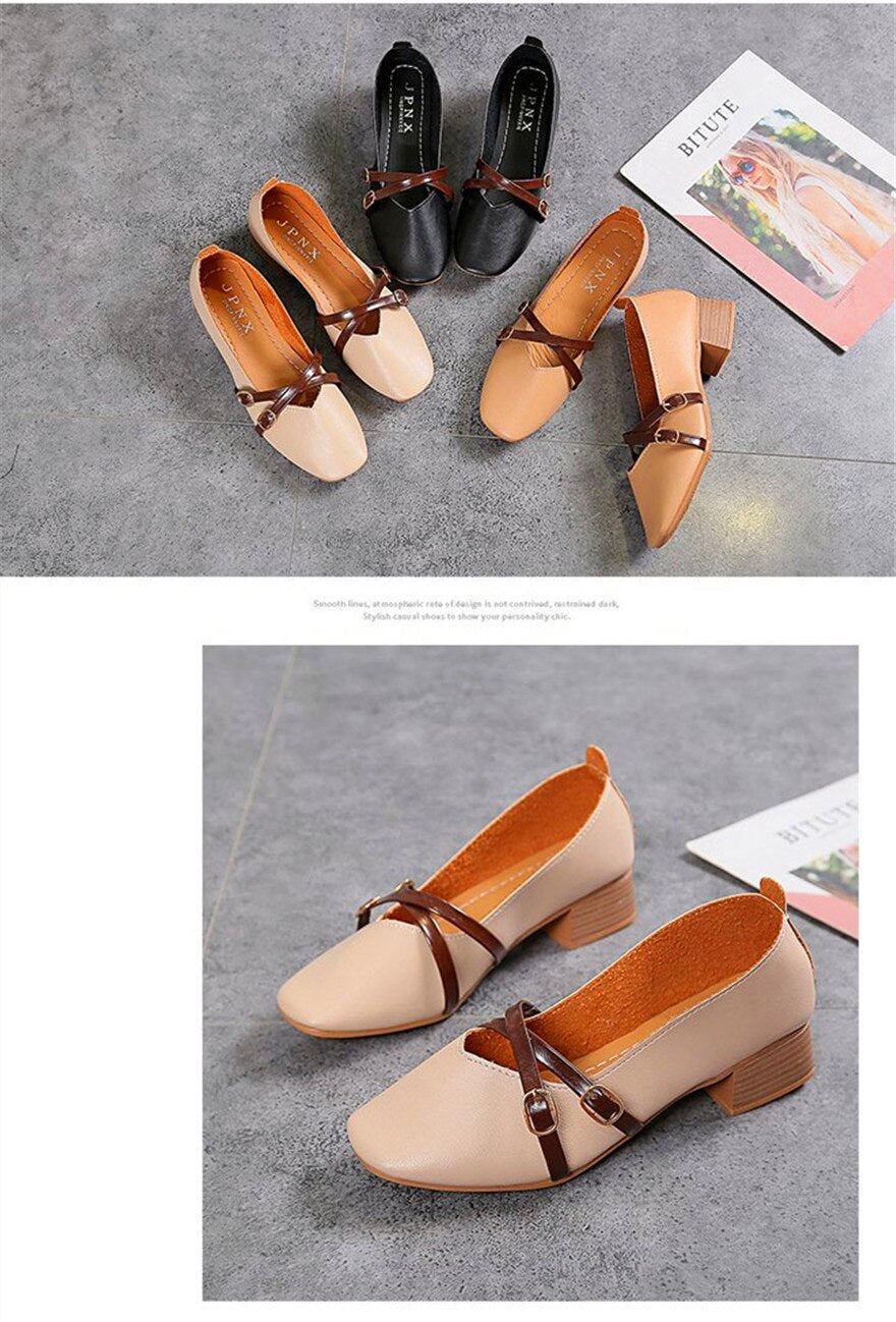 jinran Casual Women Shoes 2022 New Fashion Belt Buckle Shallow Woman Pumps Square Toe Soft Leather Med Heels Work Ladies Pregnant Shoes