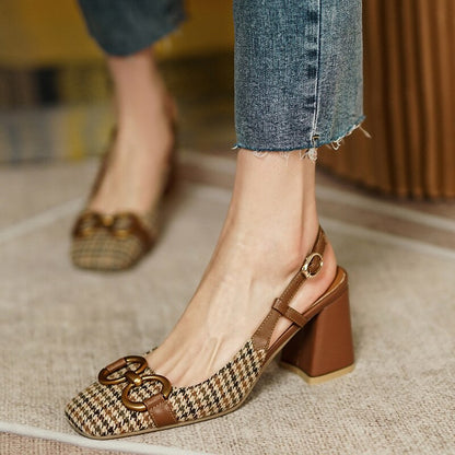 jinran Fashion Metal Buckle Women Sandals New Spring Square Toe Retro Plaid Fabric Woman Pumps Thick Heels Back Strap Lady Office Shoes