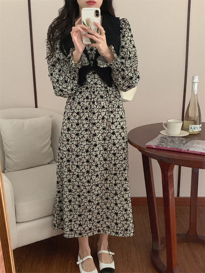 jinran 2022 New Floral Chiffon Dresses Women Spring Loose Elegant Doll Collar Dress Female Korean Sweet Puff Sleeve Dresses