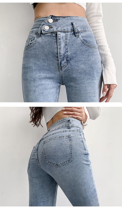 jinran Jeans Women Solid Blue Sexy Slimhigh Waist Jean Simple Ladies  Full Length Mom Cowboy Denim Flared Pants Mujer 2022 Spring New