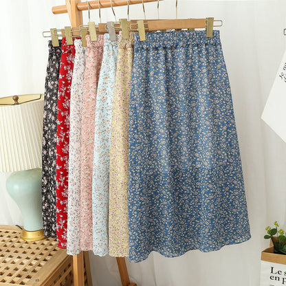 jinran Summer Long Skirts for Women Boho Elegant Floral Print Pleated A Line Skirt Korean Harajuku Chic Simple Midi Chiffon Skirts