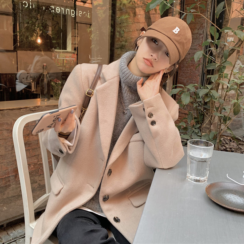 jinran Autumn Warm Wool Tailored Coats Women Loose Apricot Solid Suit Jackets Patchwork Long Sleeves Outwear Korean Fashion New