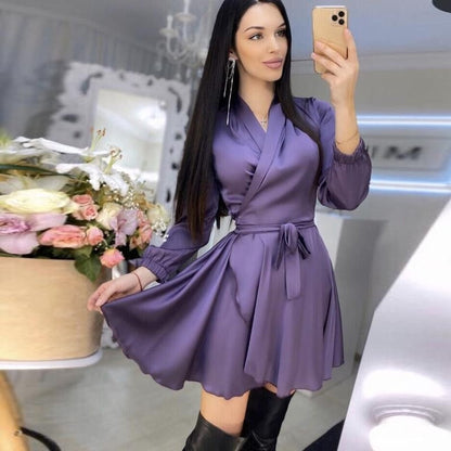 jinran Casual Lantern Sleeve Satin Bathrobe Dress Woman V-Neck High Waist Sashes A-Line Mini Dress One Piece Dress New