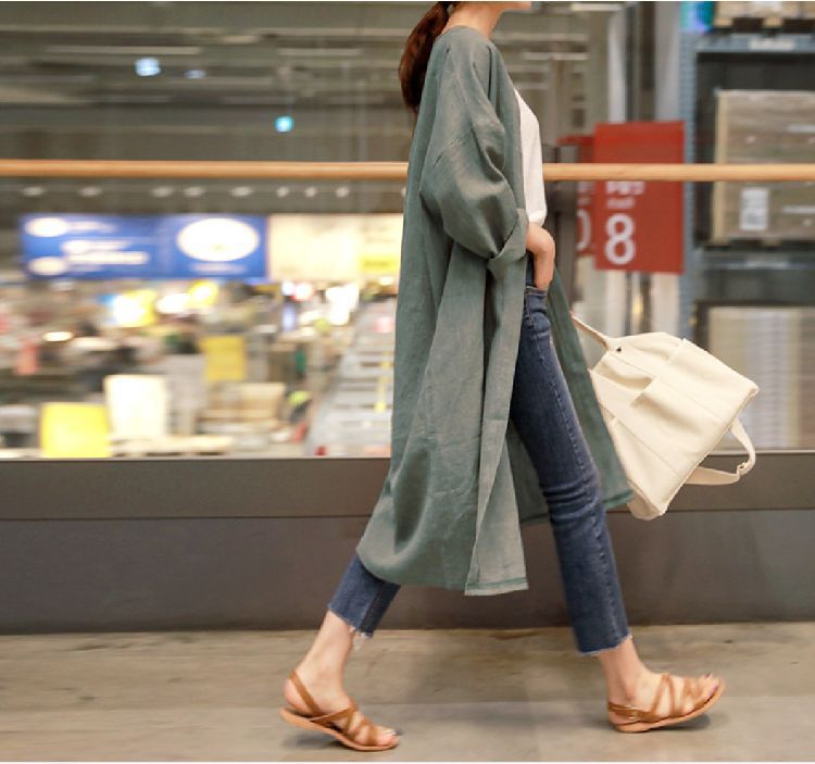 jinran 2022 Summer New Solid Color Linen Long Sunscreen Cardigan Trench Casual All Match Loose Full Sleeve Women Coats