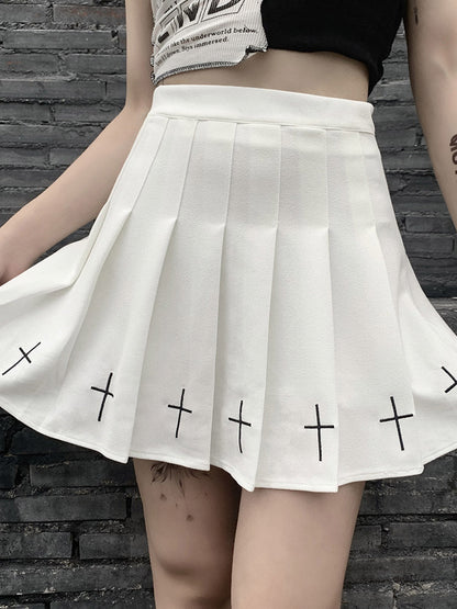 jinran Dark Goth Skirt Women Summer High Waist Harajuku Pleated Mini Skirts Vintage Gothic Punk White Black Skirts Korean A-line Skirts