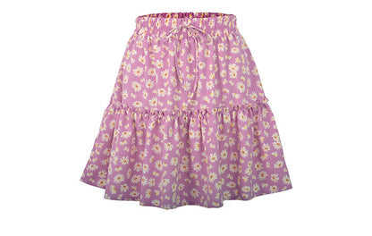 jinran Summer Boho Floral Print Mini Skirt Women Elegant Ruffles Short Skirts Elastics Waist Lace Up A-Line Skirts