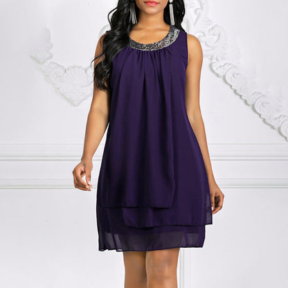 jinran Women's Shift Dress Knee Length Dress Sleeveless Solid Color Layered Spring & Summer Loose Size Hot Black Purple Navy Blue