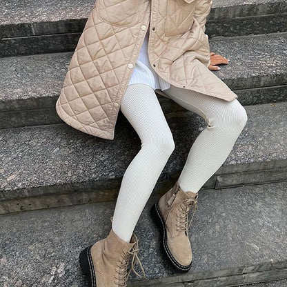 jinran Beige Ribbed Knit Leggings Women High Waist Cotton Fitness Basic Pants Casual Spring New All-Match Female Skinny Leggings