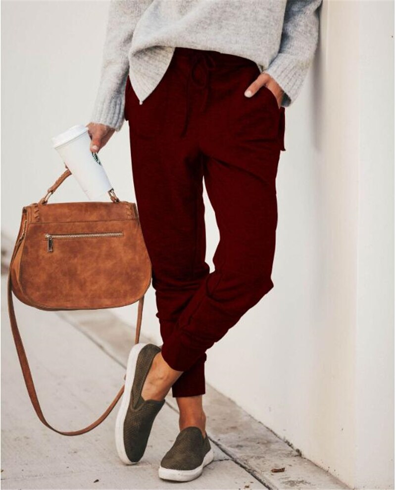 jinran Women Casual Harajuku Long Ankle Length Trousers Summer Autumn Plus Size Leggings Solid Elastic Waist Pants Black Pants