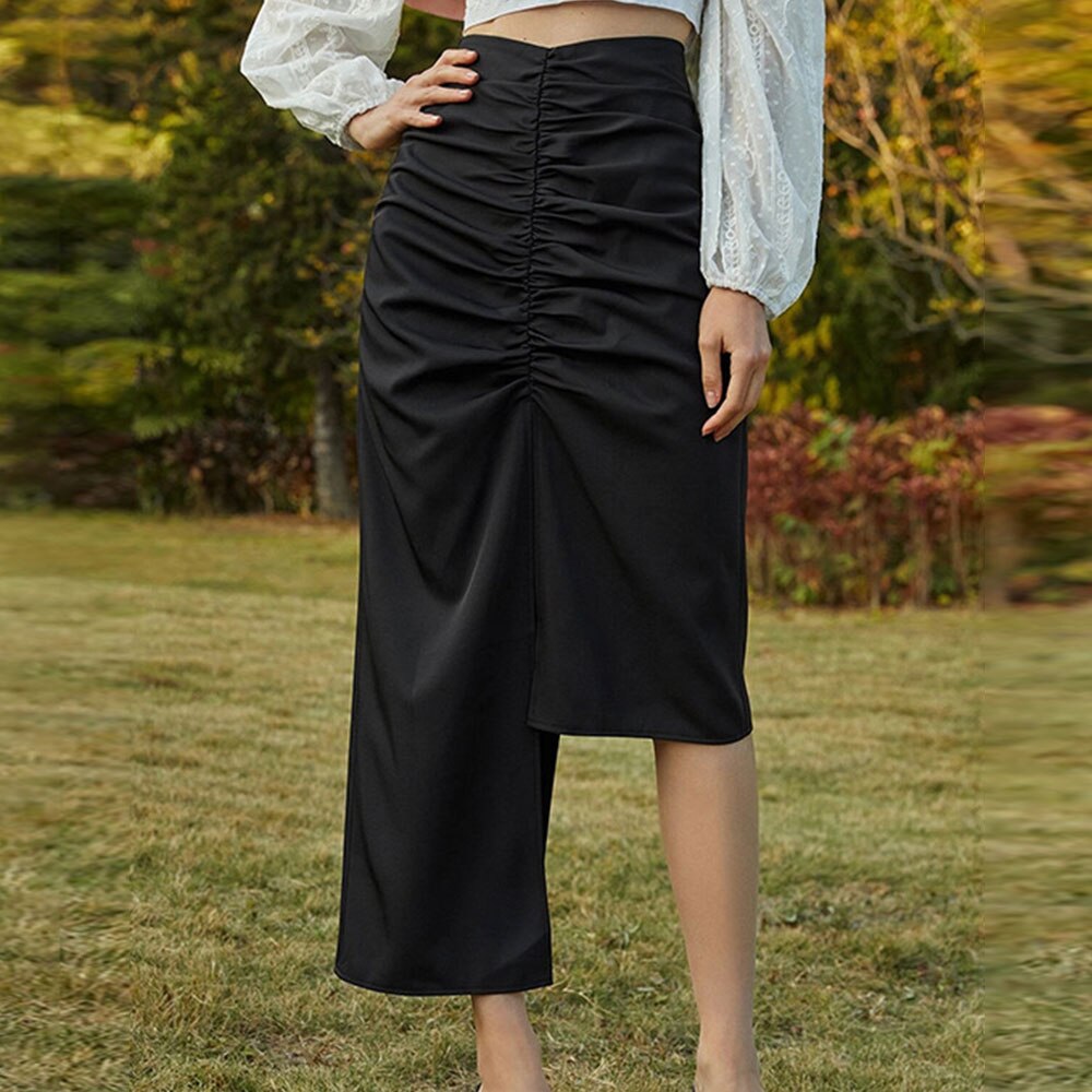 jinran 2022 Women Summer Pleated Irregular Elegant Sexy Casual Basic Skirt Zipper High Waist Solid Straight Office Lady