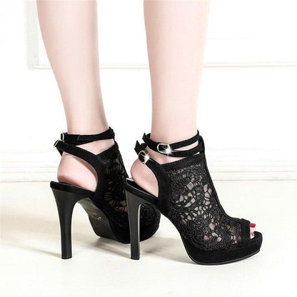 jinran Sexy Lace Mesh Platform Women Short Boots Summer Peep Toe Ankle Buckle High Heels Shoes Hollow Party Sandals Female Pumps Office