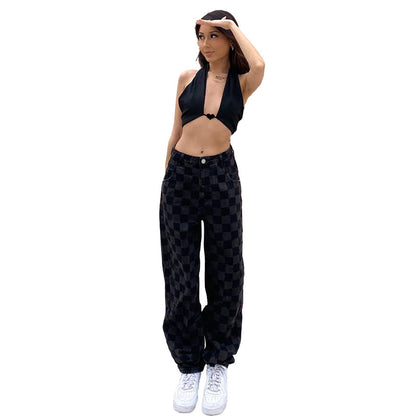 jinran Plaid Checkerboard Print Women High Waist Wide Leg Jeans Straight Pants Loose Casual Streetwear 2021 Summer Trousers