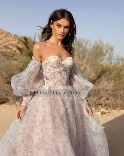 jinran Dusty Pink Wedding Dresses Puff Long Sleeve Bride Dress 2024 Sweetheart Plus Size Vintage Floral Print Wedding Gowns