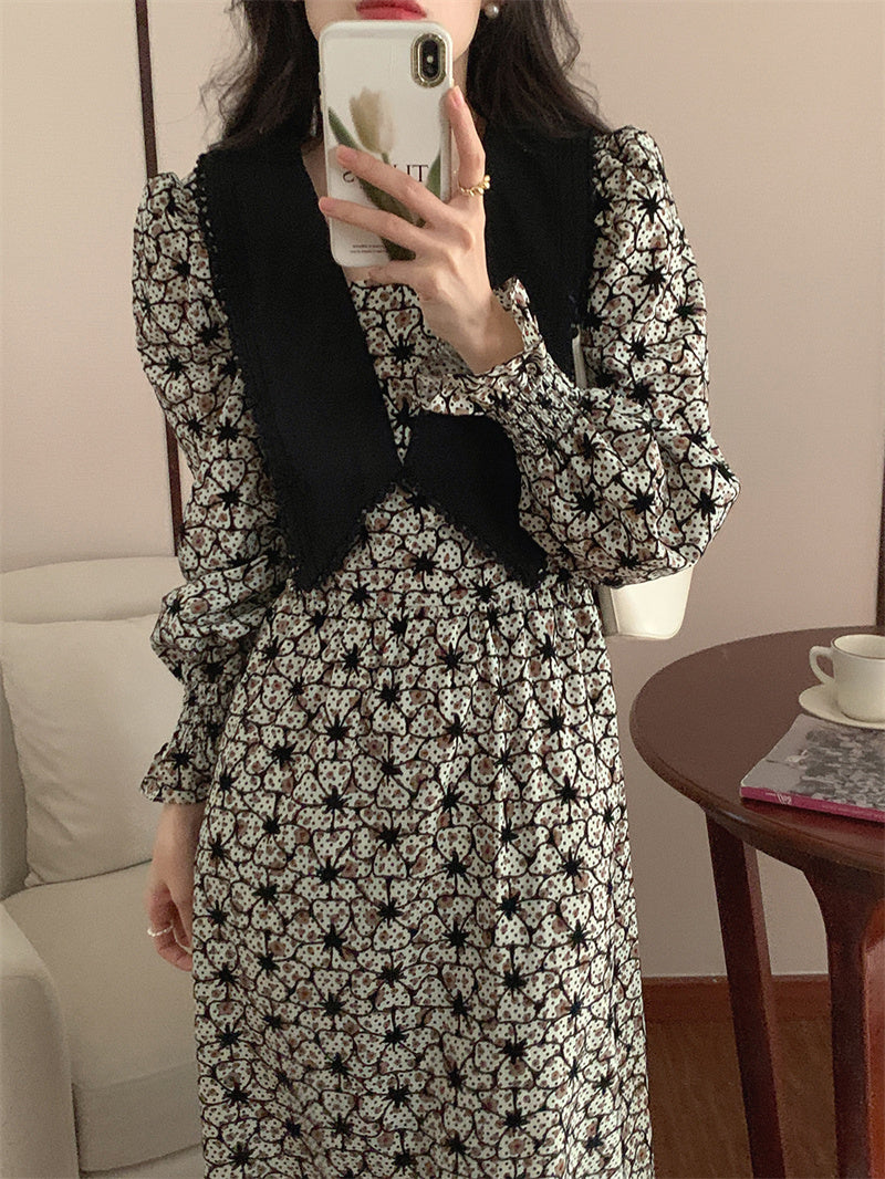 jinran 2022 New Floral Chiffon Dresses Women Spring Loose Elegant Doll Collar Dress Female Korean Sweet Puff Sleeve Dresses