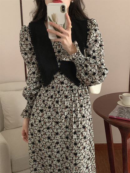 jinran 2022 New Floral Chiffon Dresses Women Spring Loose Elegant Doll Collar Dress Female Korean Sweet Puff Sleeve Dresses