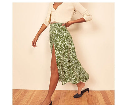 jinran Elegant Split Long Skirts Vintage Leopard Floral Print High Waist A Line Skirts Office Lady Casual Bodycon Midi Skirt