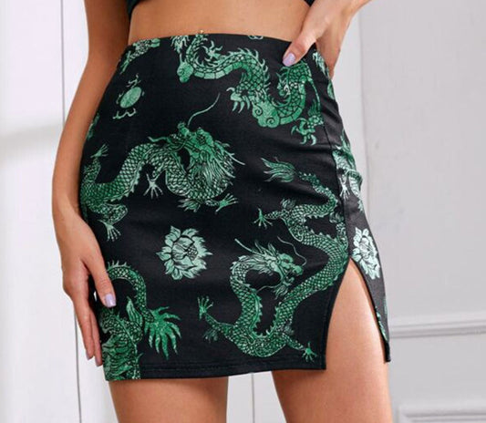 jinran Women Y2K Dragon Pattern Printing Split Vintage High Waist Skinny Summer Sexy Mini Skirt Streetwear Party Club Skim