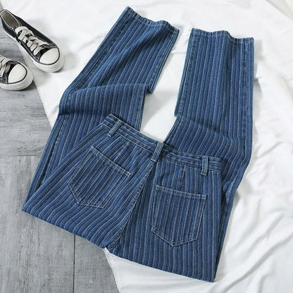 jinran Jacquard Blue Women Pants 2022 New Casual Striped Retro Basic Straight Loose Plus Size Jeans Y2K Fashion Trendy Ladies Trousers