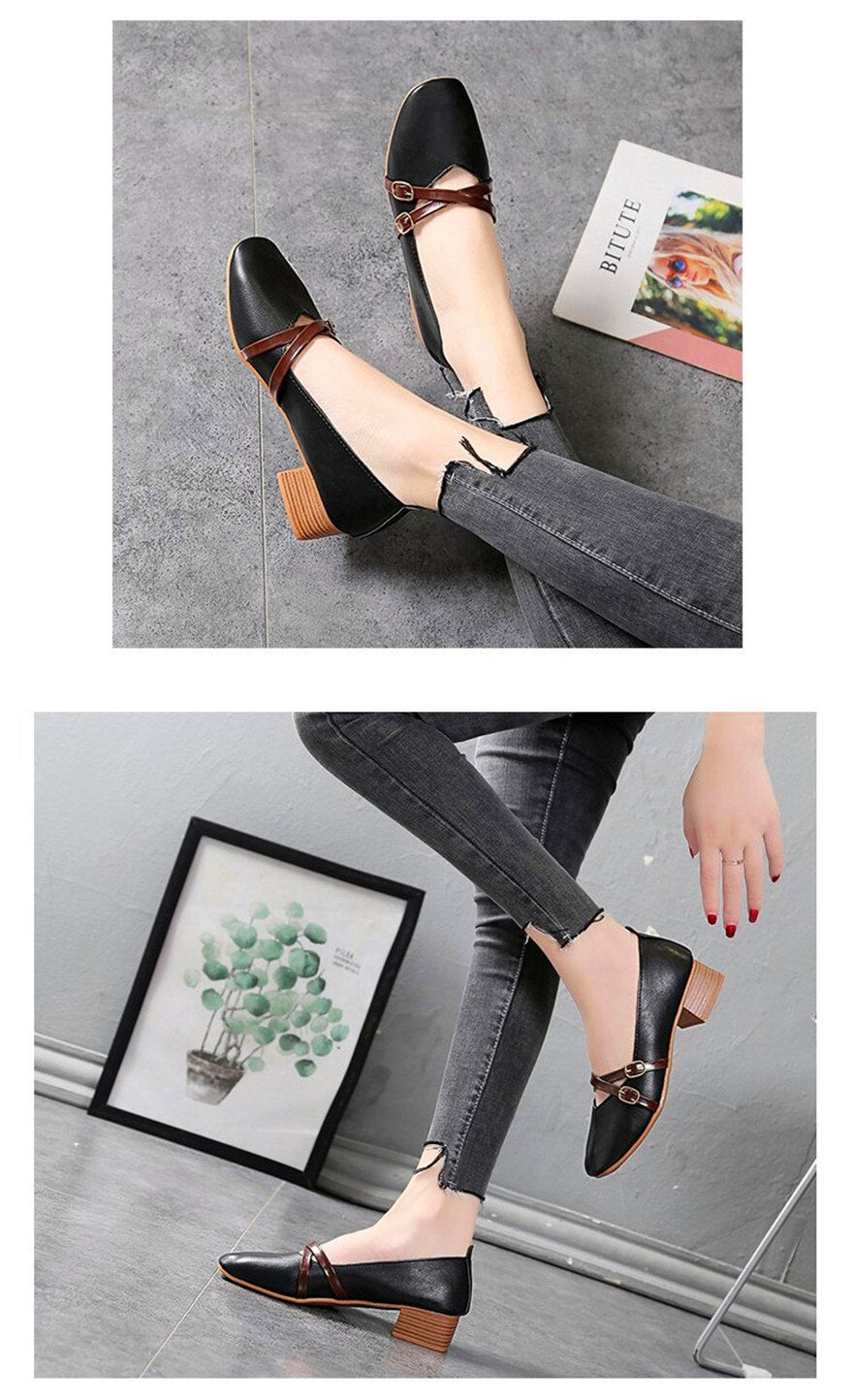 jinran Casual Women Shoes 2022 New Fashion Belt Buckle Shallow Woman Pumps Square Toe Soft Leather Med Heels Work Ladies Pregnant Shoes